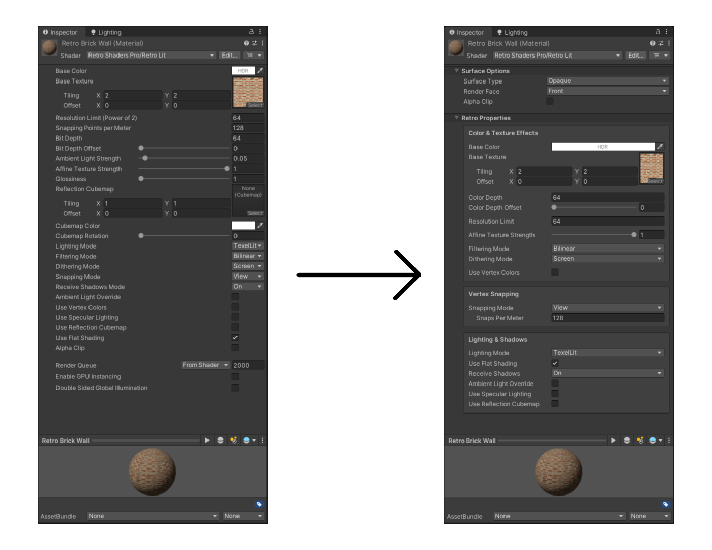 Custom editor window for Retro Lit shader.