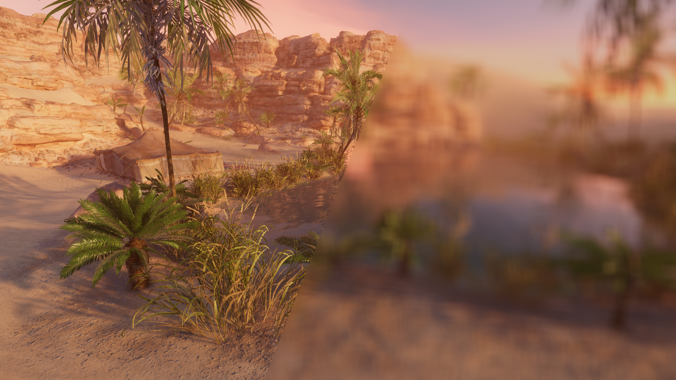 A box blur effect applied to the URP Sample Assets Oasis scene.
