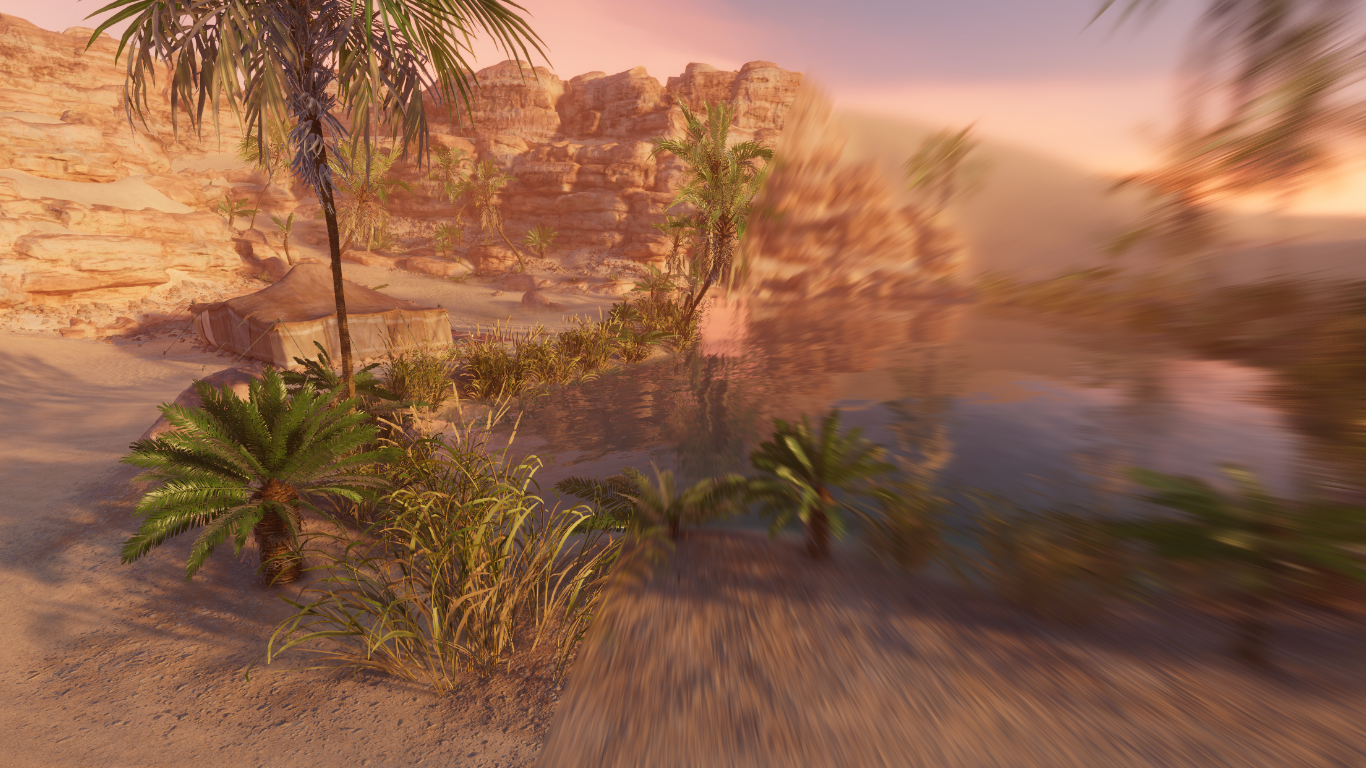 A radial blur effect applied to the URP Sample Assets Oasis scene.