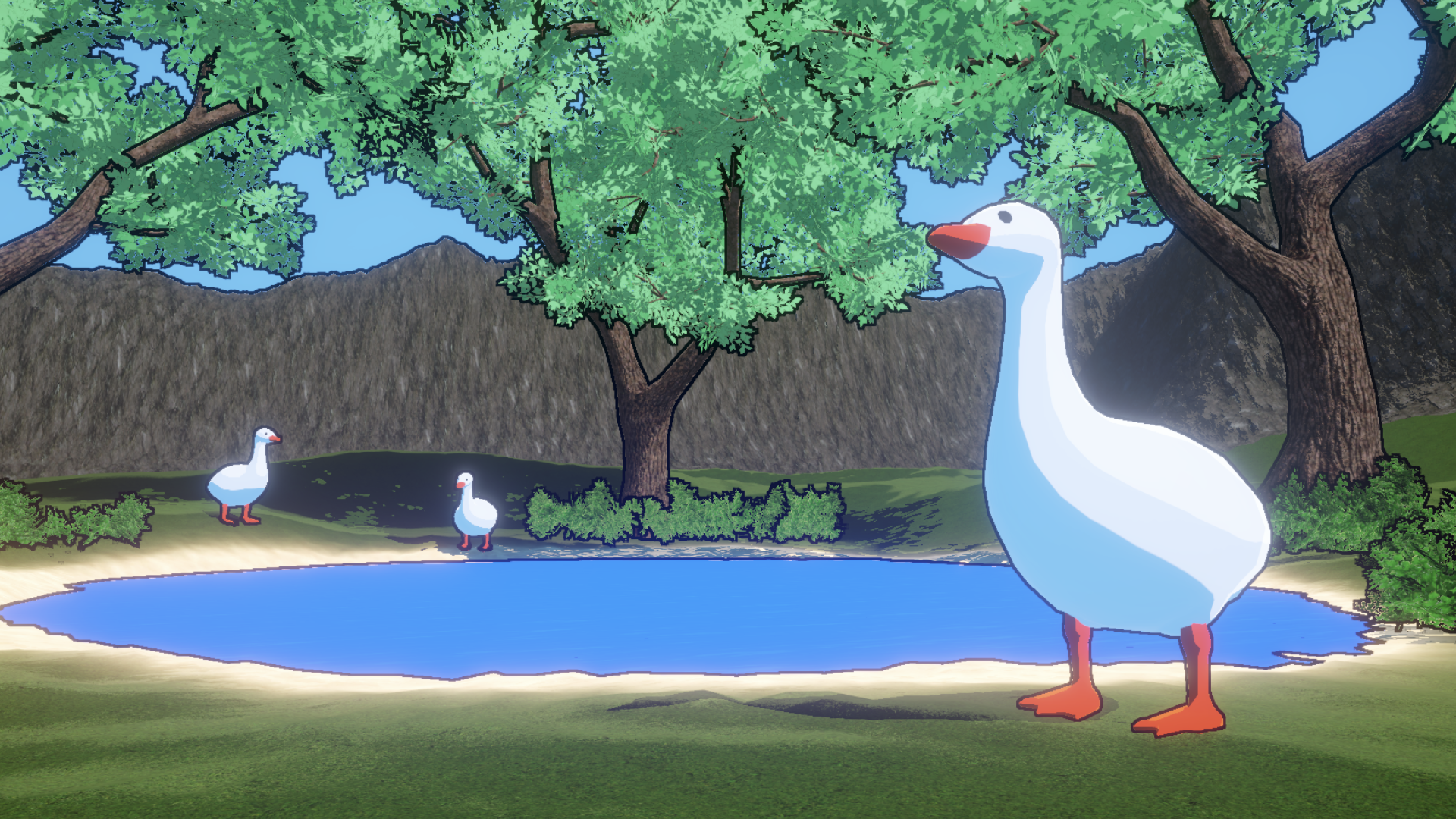 A toon shader applied to a scene with a few geese next to a lake. A toon shader applied to a scene with a few geese next to a lake.