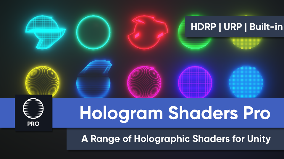 A banner image showing a range of hologram shader effects from Hologram Shaders Pro.