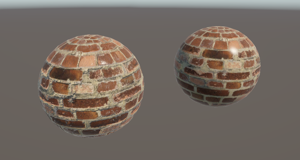 A brick object looks much more realistic if it is using a normal map (on the left) vs. no normal map (on the right). The surface looks much more painted-on when no surface details have been represented.