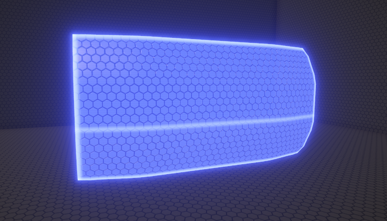 The completed shader, featuring a rectangular shield with glowing edges, one large scanline plus several less-noticeable scanlines, a glowing surface, and a ripple emanating from an impact point and a sparks VFX effect also protruding from the impact point.