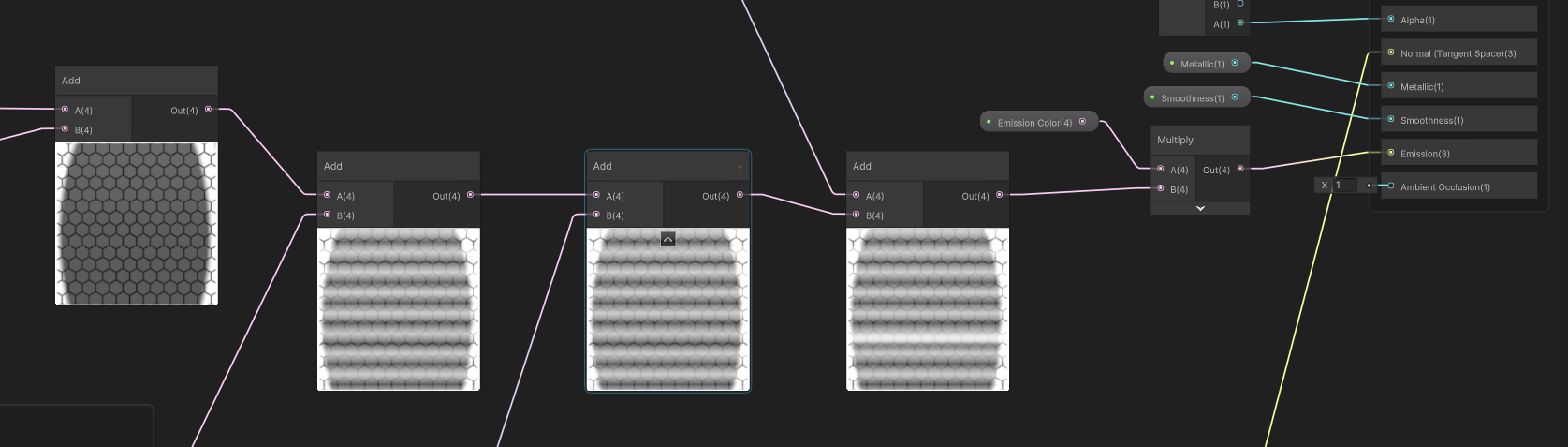 A series of Add nodes and an Emissive Color later, the graph is finished.