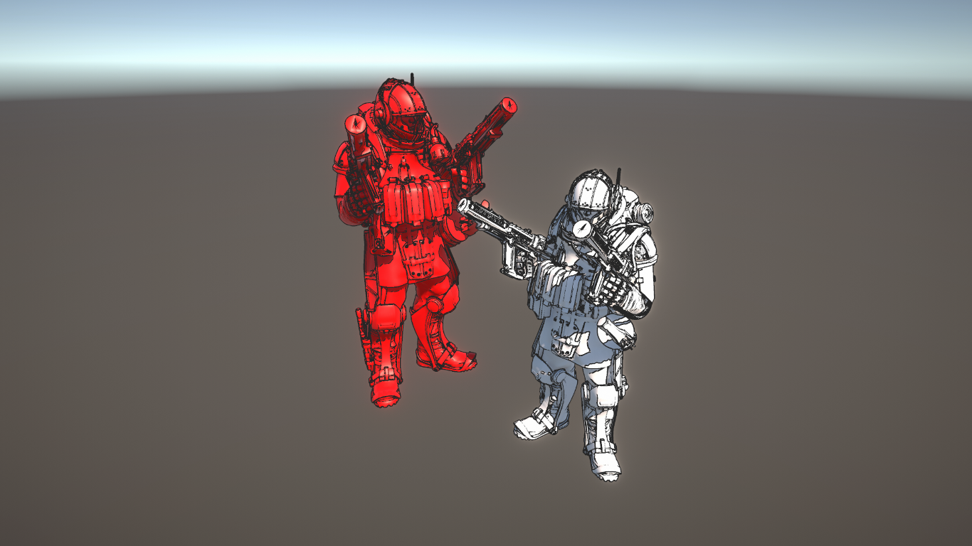 A completed outline effect applied to two soldier models.