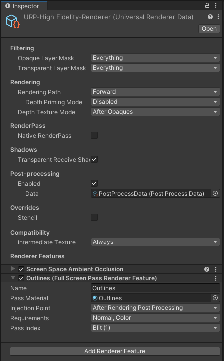 The Full Screen Pass Renderer Feature lets us apply our outline material to the screen.