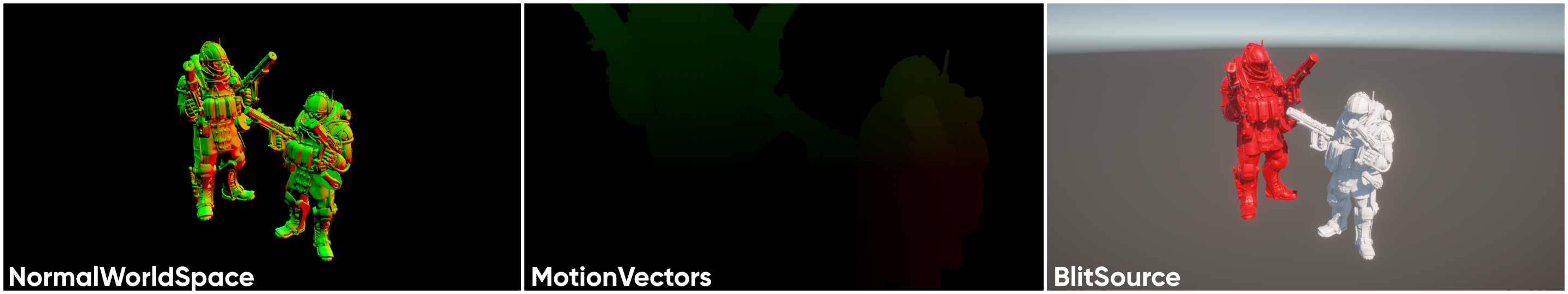 The URP Sample Buffer node has three modes, from left to right: NormalWorldSpace, MotionVectors, and BlitSource.