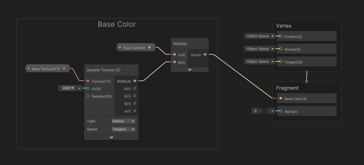 Base Color and Base Texture properties combined and output to graph Base Color output.