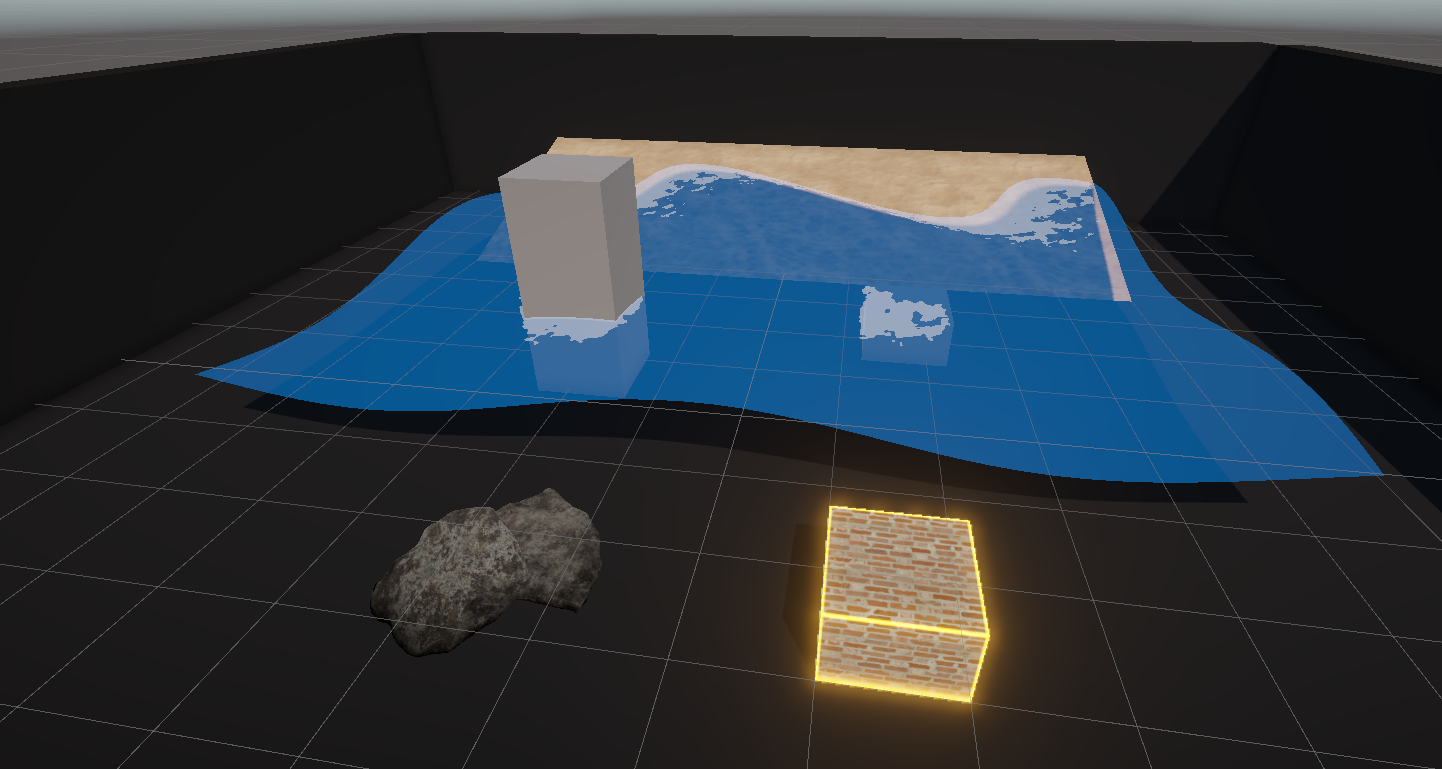 Completed wave foam, edge glow, and occlusion shaders (clockwise from top).