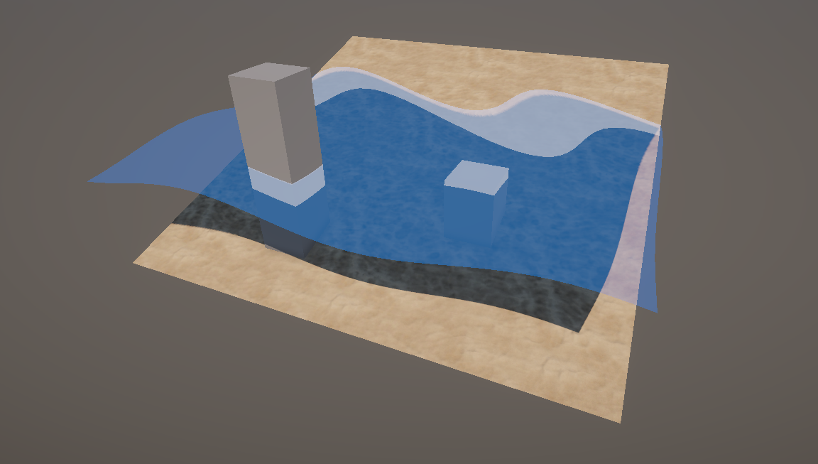 Blocky wave foam next to shapes in the water.