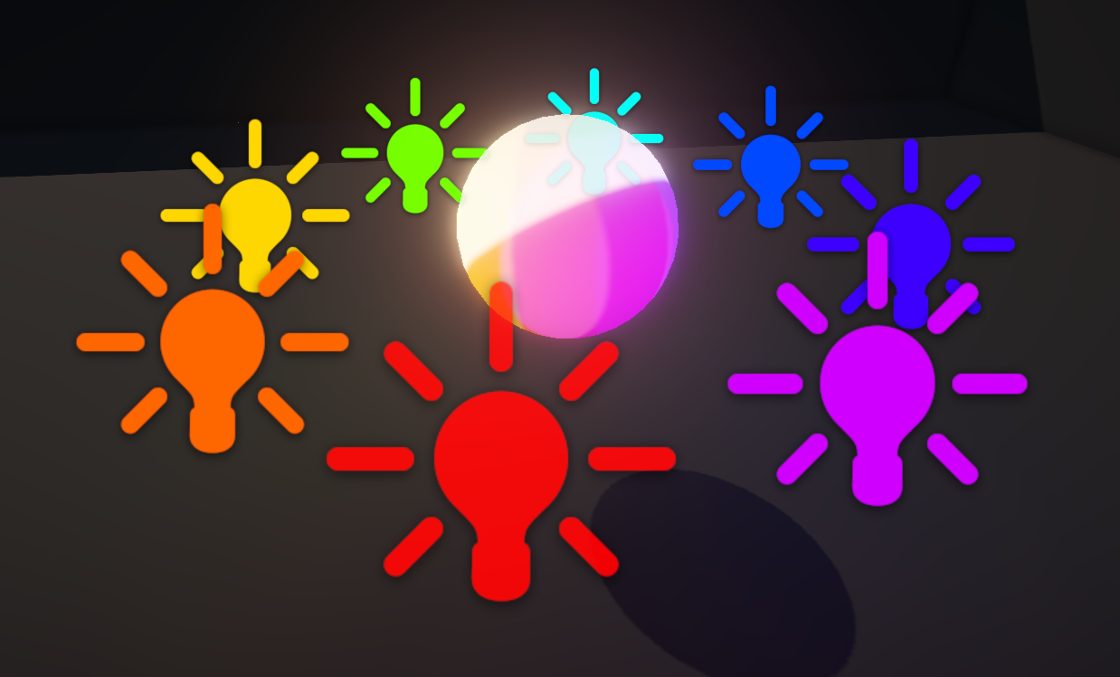 A cel-shaded sphere with 8 additional lights surrounding it.