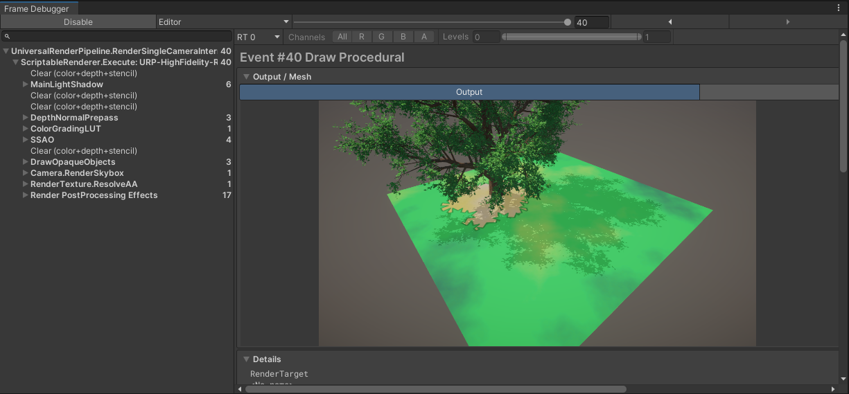 The frame debugger window with each draw call made by Unity.
