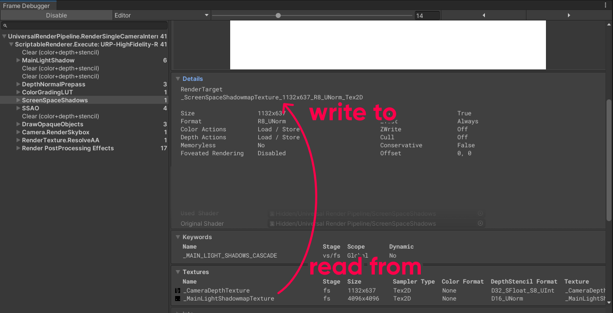 Reading from the shadow map and writing a new one in screen-space.