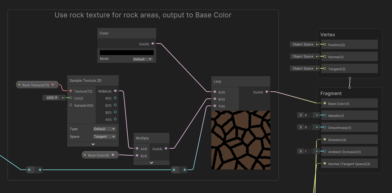 The rocks use a basic texture and color, and get output to Base Color.